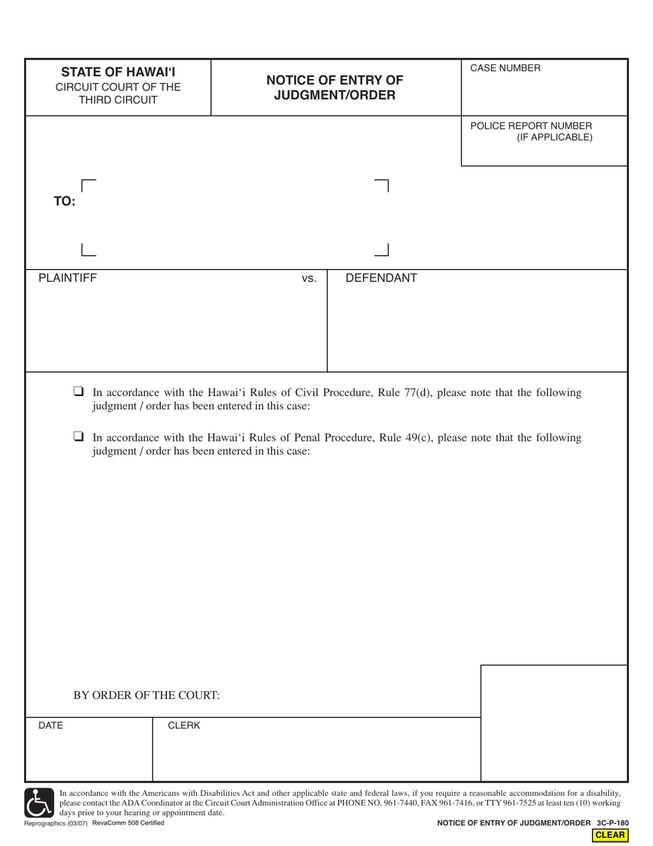 Form 3C-P-180 Notice of Entry of Judgment / Order - Hawaii, Page 1