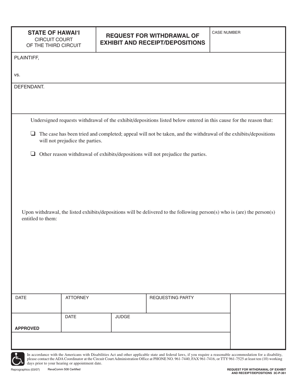 Form 3C-P-361 Request for Withdrawal of Exhibit and Receipt / Depositions - Hawaii, Page 1