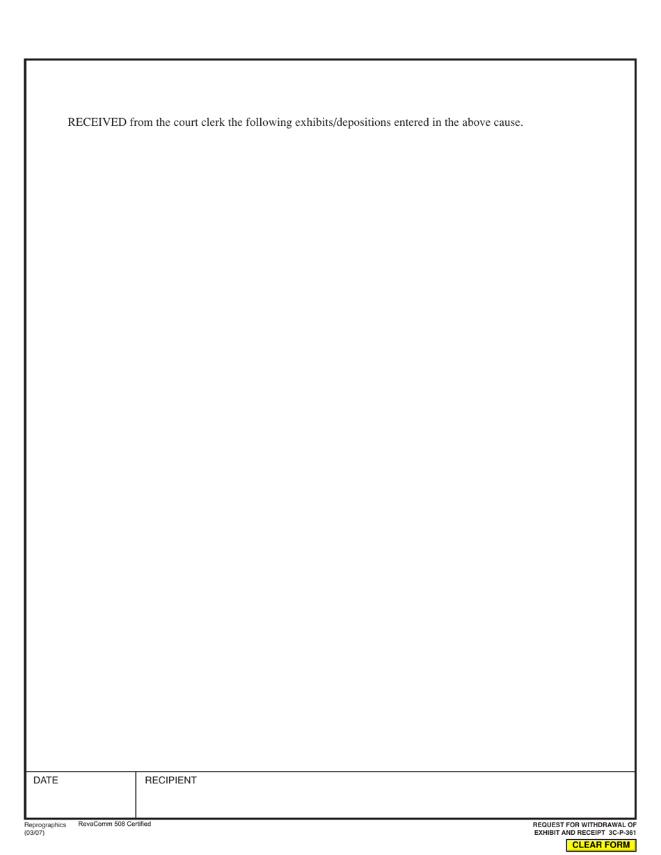 Form 3C-P-361 Request for Withdrawal of Exhibit and Receipt / Depositions - Hawaii, Page 2