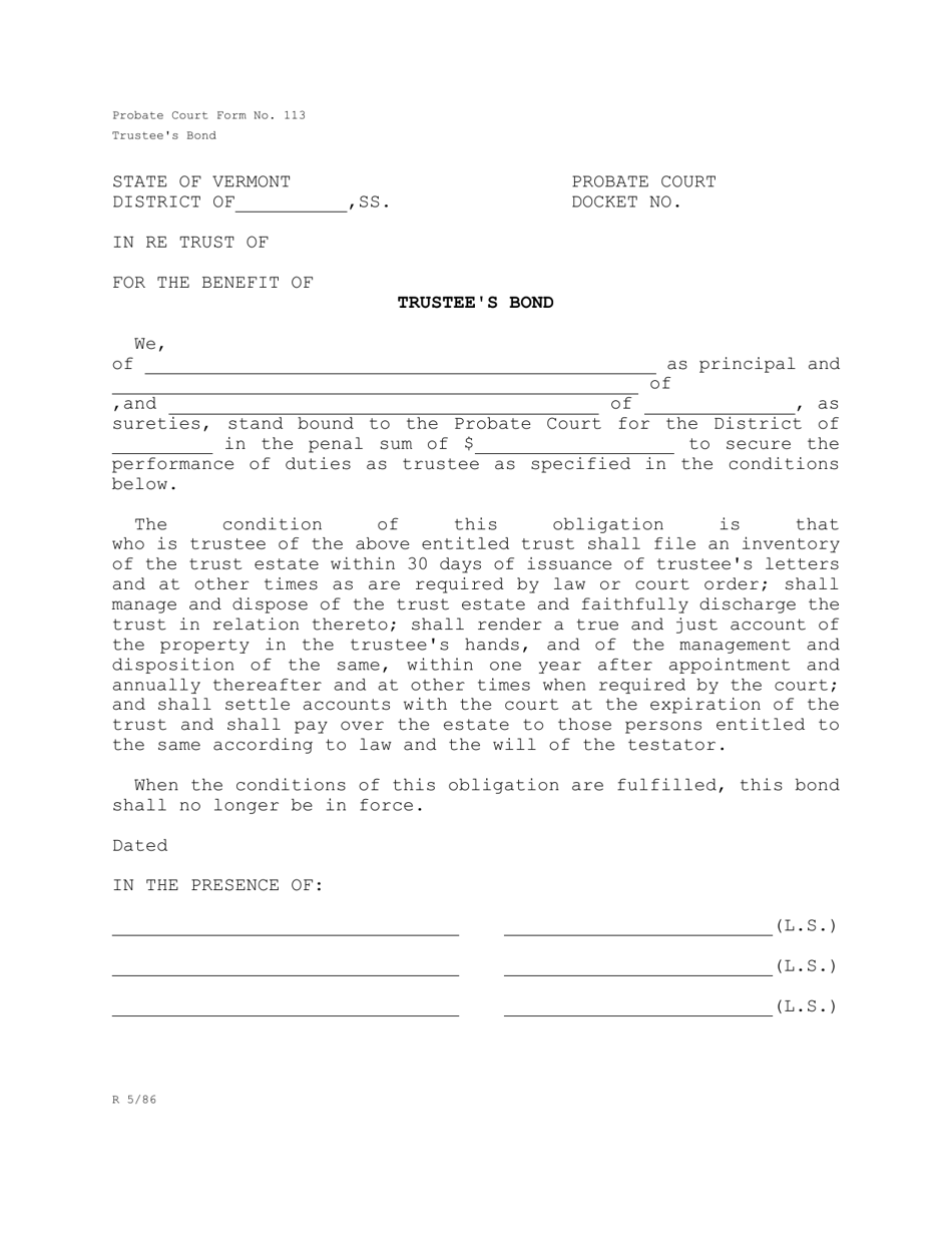 Form PC113 Trustees Bond - Vermont, Page 1