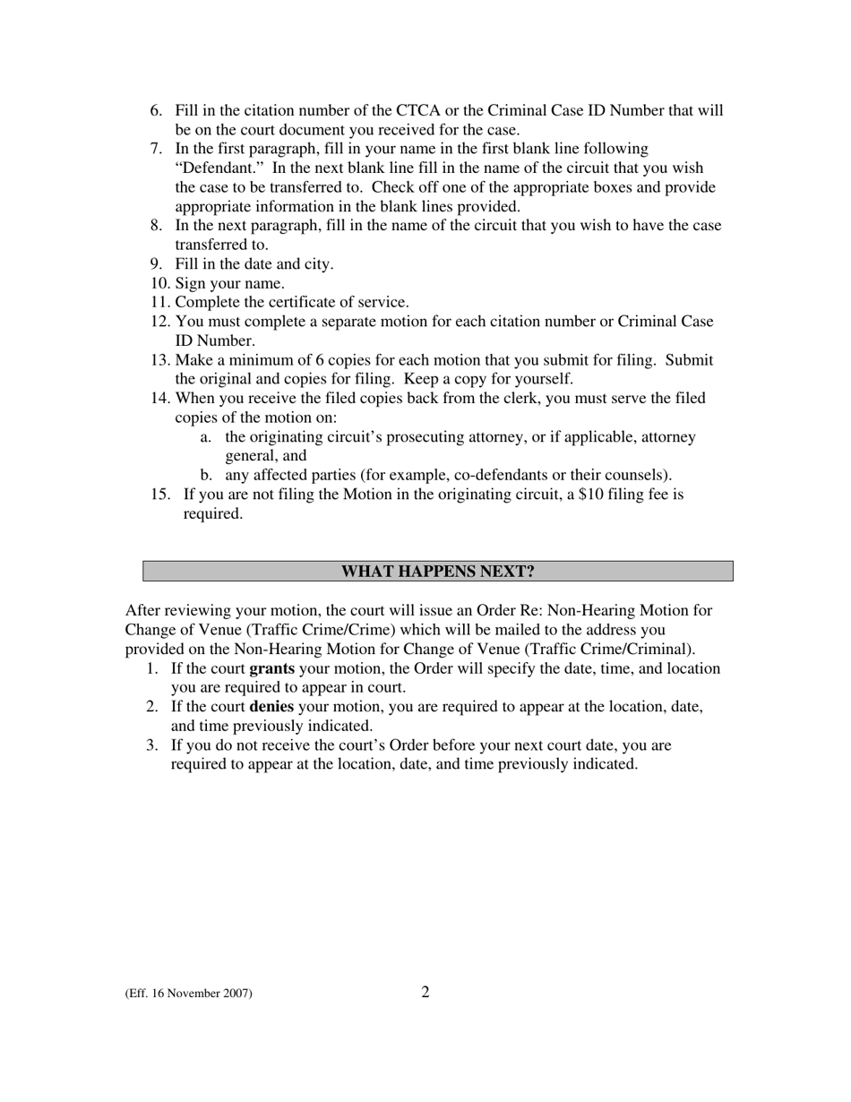 Form 1D-P-1291 Non-hearing Motion for Change of Venue (Traffic Crime / Crime) and Certificate of Service - Hawaii, Page 2