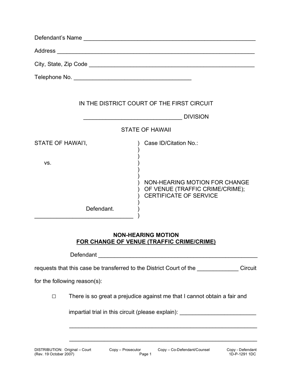 Form 1D-P-1291 Non-hearing Motion for Change of Venue (Traffic Crime / Crime) and Certificate of Service - Hawaii, Page 3