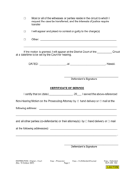 Form 1D-P-1291 Non-hearing Motion for Change of Venue (Traffic Crime/Crime) and Certificate of Service - Hawaii, Page 4