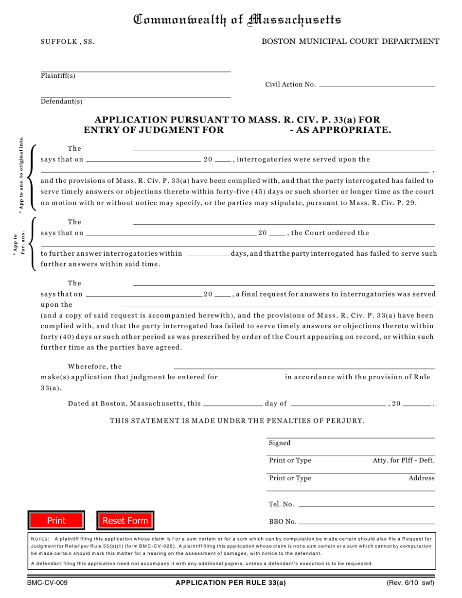 Form BMC-CV-009 Application Under Rule 33(A) for Entry of Judgment - Boston, Massachusetts, Page 1