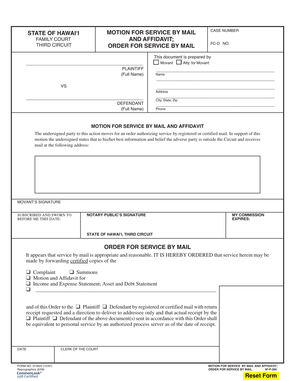 Form 3F-P-265 Motion for Service by Mail and Affidavit; Order for Service by Mail - Hawaii, Page 1