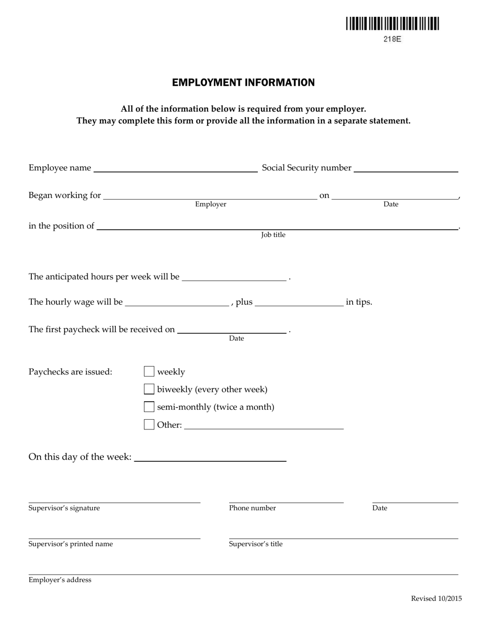 Form 218E Employment Information - Vermont, Page 1