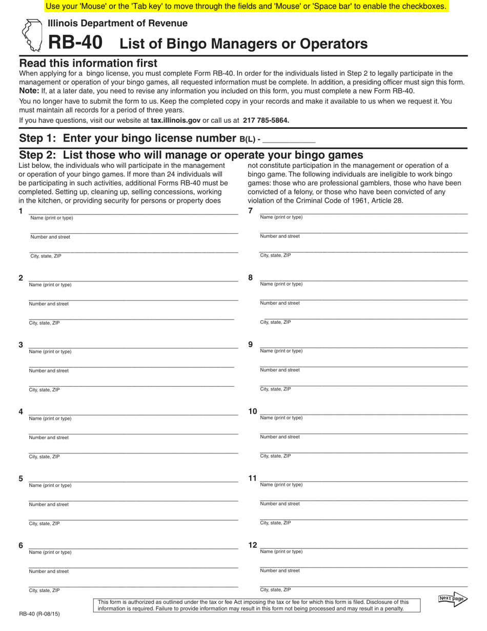 Form RB-40 List of Bingo Managers or Operators - Illinois, Page 1
