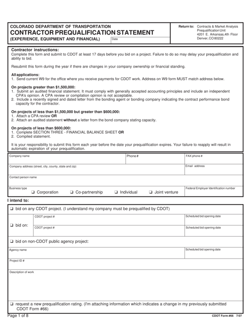 CDOT Form 66  Printable Pdf