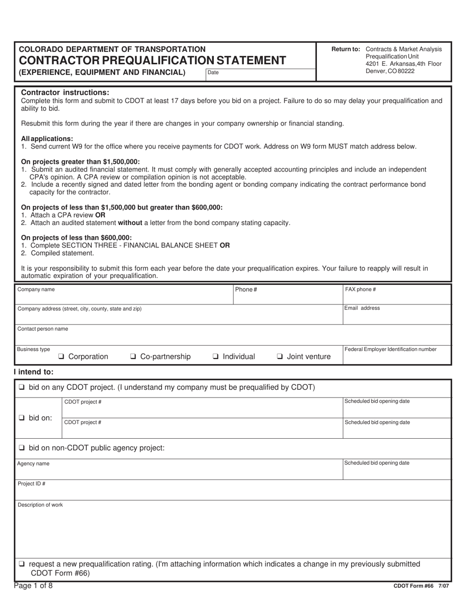 CDOT Form 66 Contractor Prequalification Statement (Experience, Equipment and Financial) - Colorado, Page 1