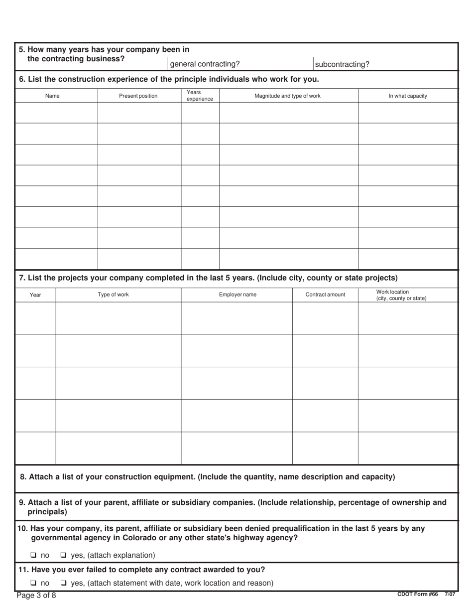 CDOT Form 66 Contractor Prequalification Statement (Experience, Equipment and Financial) - Colorado, Page 3
