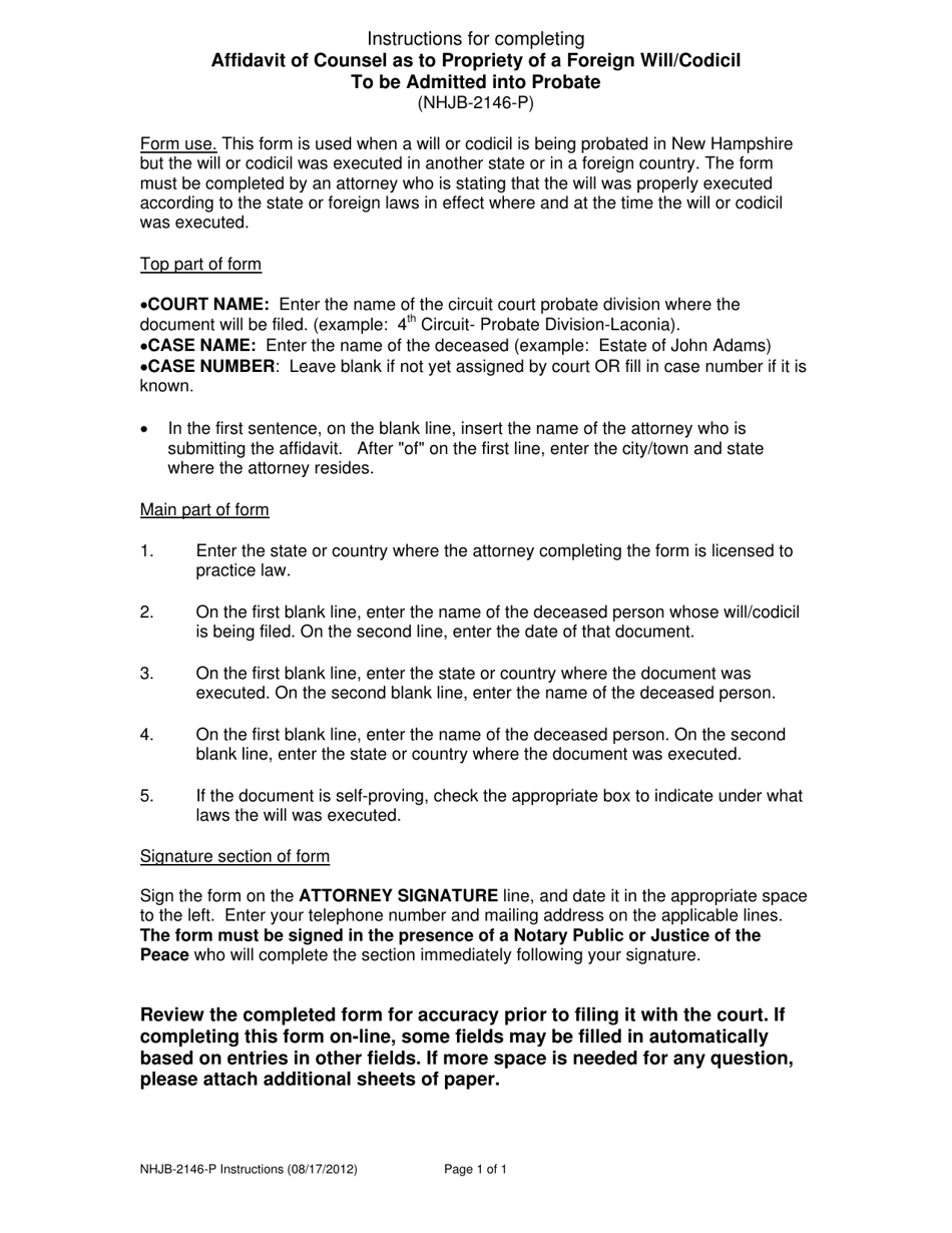 Instructions for Form NHJB-2146-P Affidavit of Counsel as to Propriety of a Foreign Will / Codicil to Be Admitted Into Probate - New Hampshire, Page 1