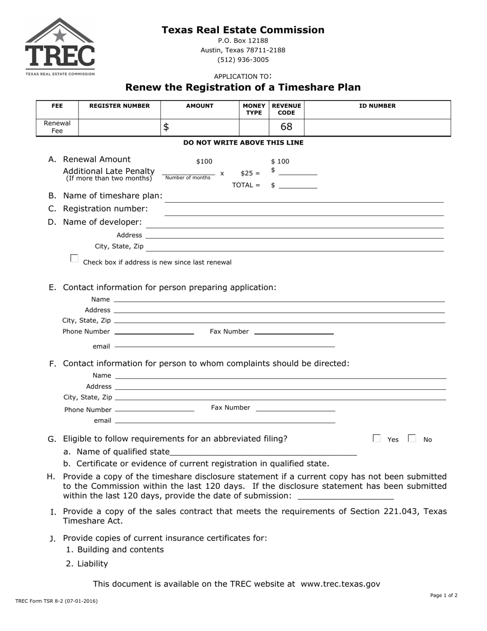TREC Form TSR8-2 Renew the Registration of a Timeshare Plan - Texas, Page 1