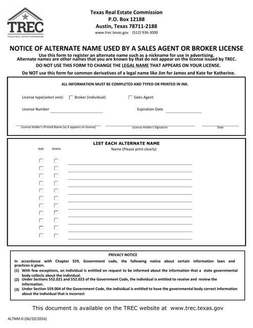 Form ALTNM-0 Notice of Alternate Name Used by a Sales Agent or Broker License - Texas