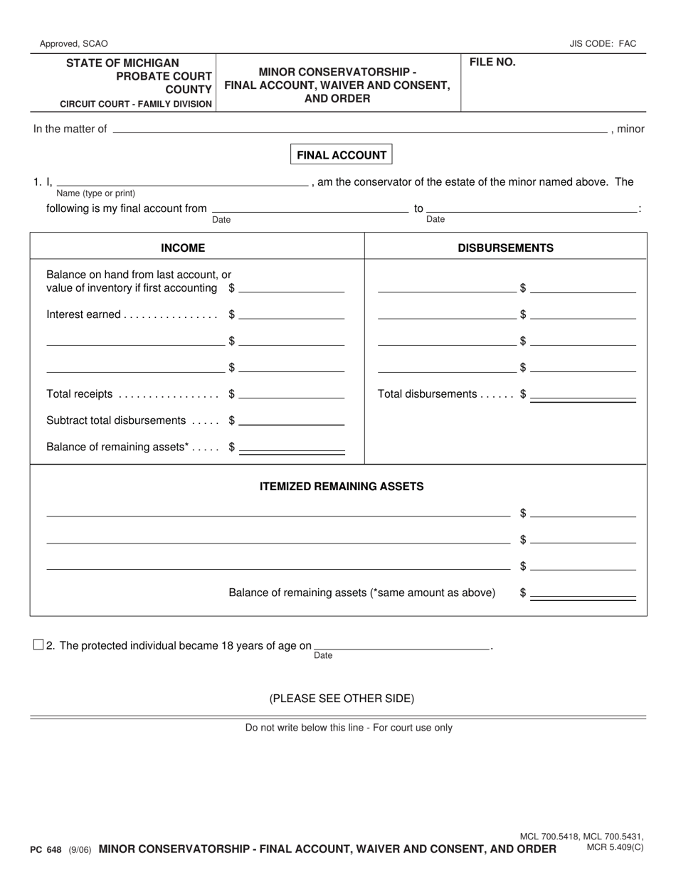 Form PC648 Minor Conservatorship - Final Account, Waiver and Consent, and Order - Michigan, Page 1