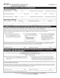 Document preview: Form VR-096 Application for Historic or Street Rod Registration - Maryland