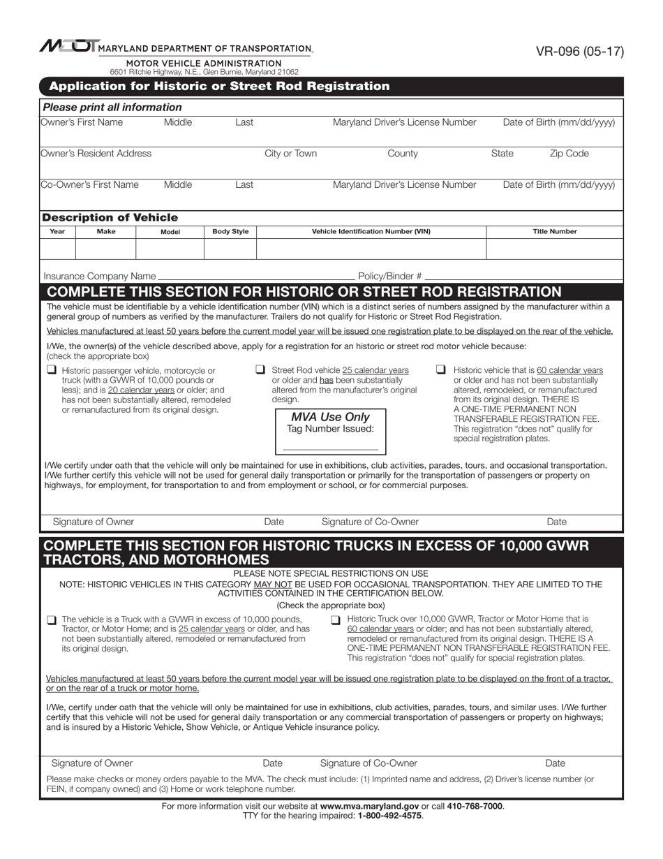 Form VR-096 Application for Historic or Street Rod Registration - Maryland, Page 1