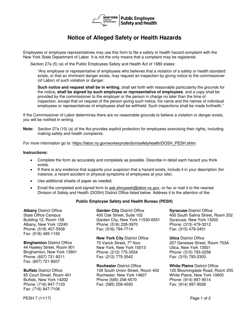 Form PESH7 Notice of Alleged Safety or Health Hazards - New York, Page 1