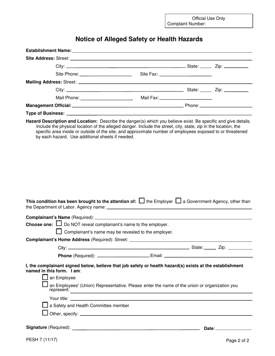 Form PESH7 Notice of Alleged Safety or Health Hazards - New York, Page 2