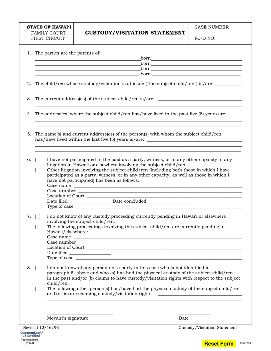 Form 1F-P-704 Custody / Visitation Statement - Hawaii, Page 1