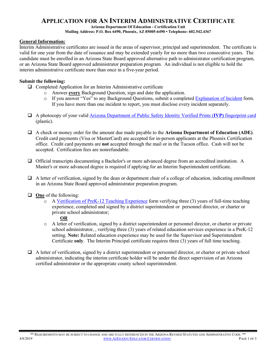 Application for an Interim Administrative Certificate - Arizona, Page 1