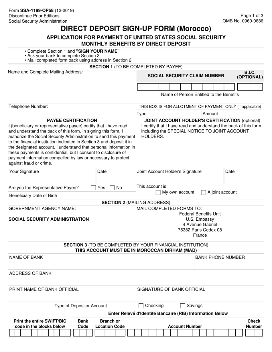 Form SSA-1199-OP58 Direct Deposit Sign-Up Form (Morocco), Page 1