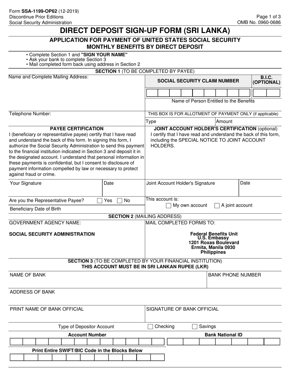 Form SSA-1199-OP62 Direct Deposit Sign-Up Form (Sri Lanka), Page 1