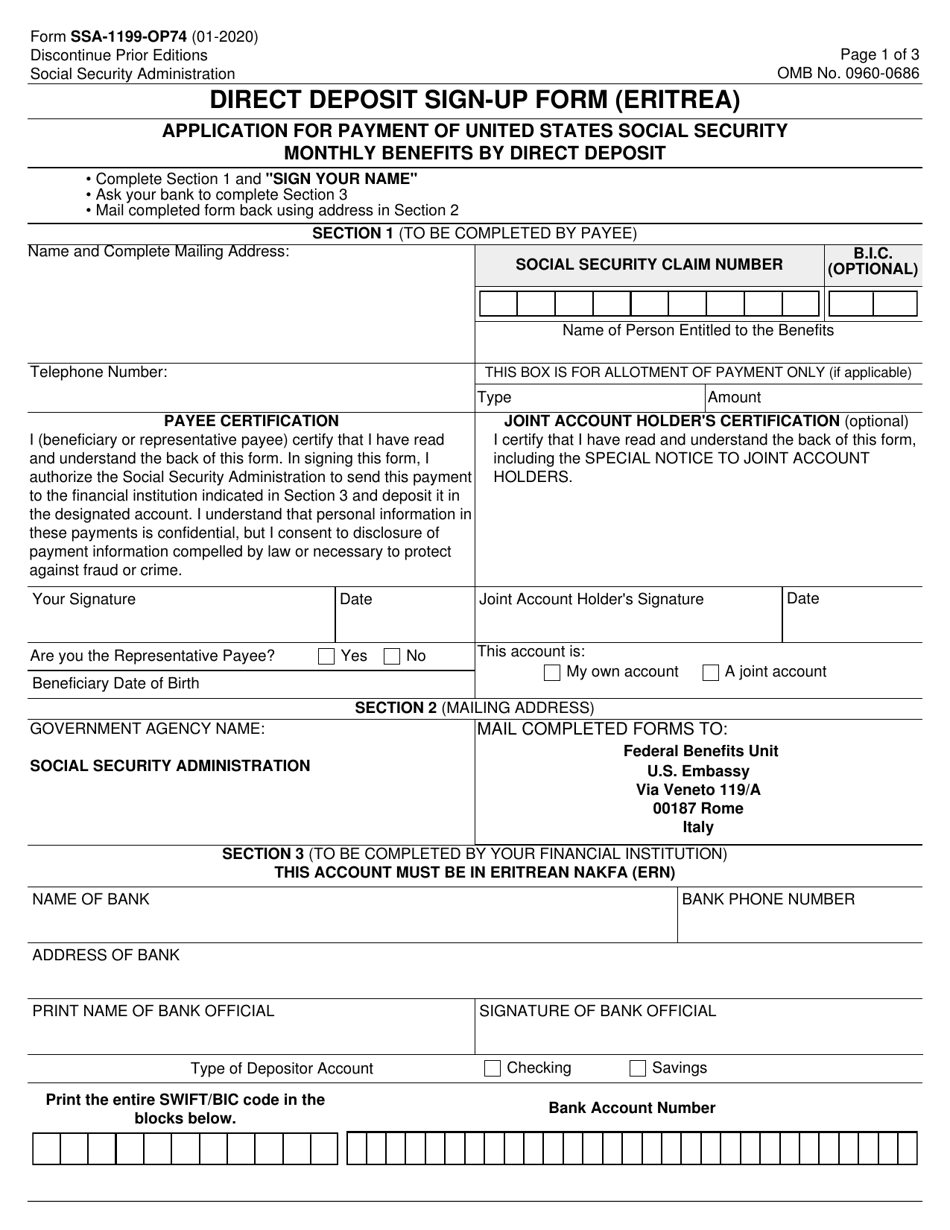 Form SSA-1199-OP74 Direct Deposit Sign-Up Form (Eritrea), Page 1