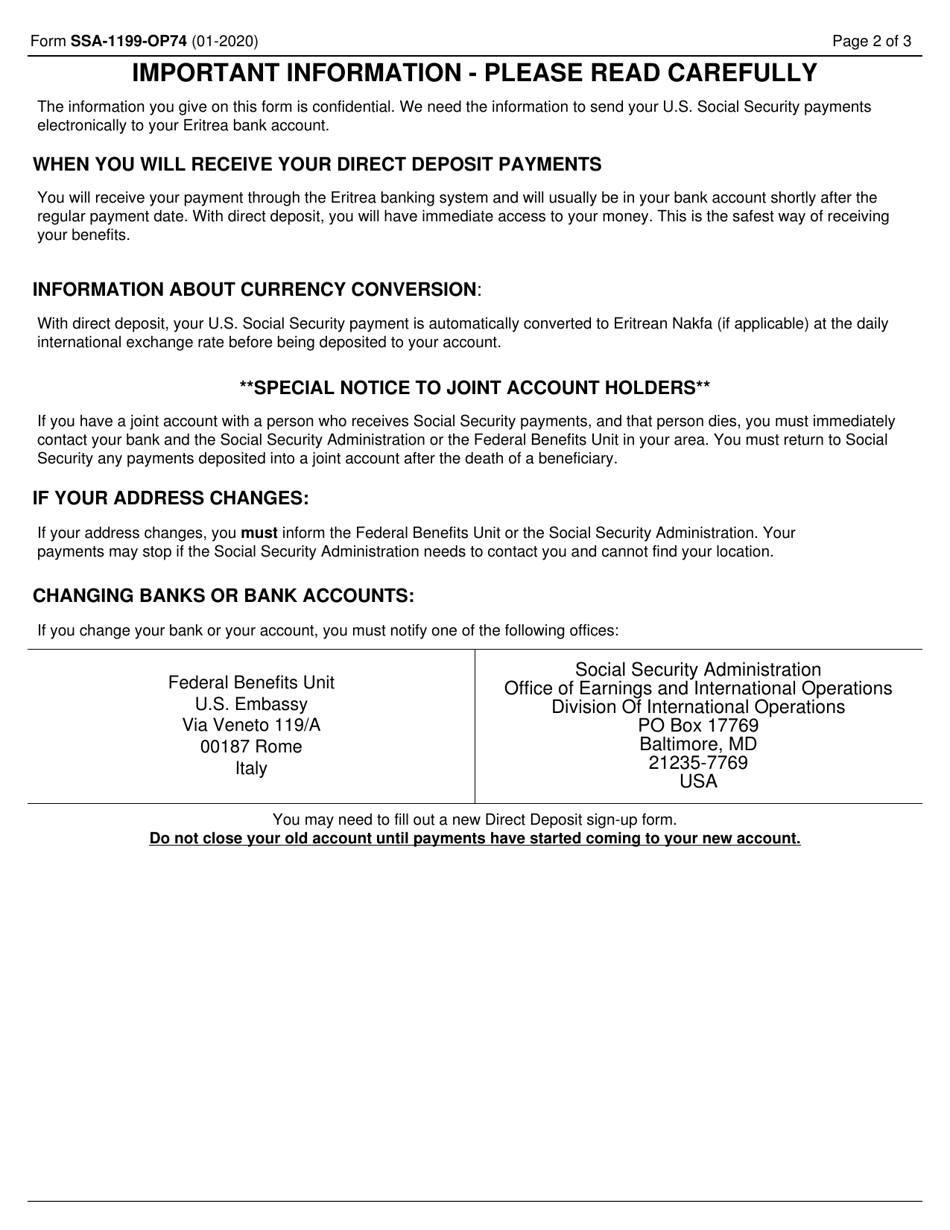 Form SSA-1199-OP74 Direct Deposit Sign-Up Form (Eritrea), Page 2