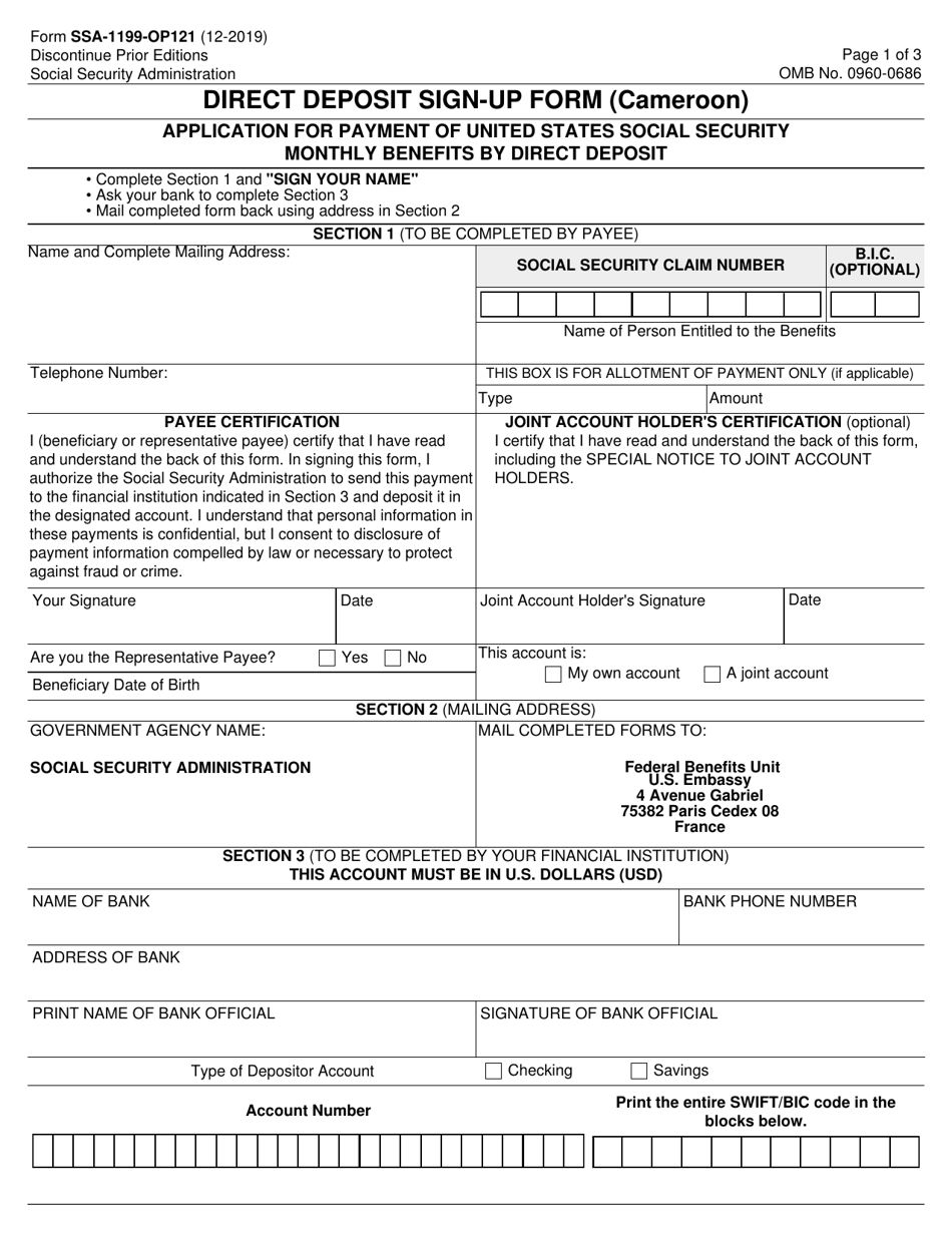 Form SSA-1199-OP121 Direct Deposit Sign-Up Form (Cameroon), Page 1