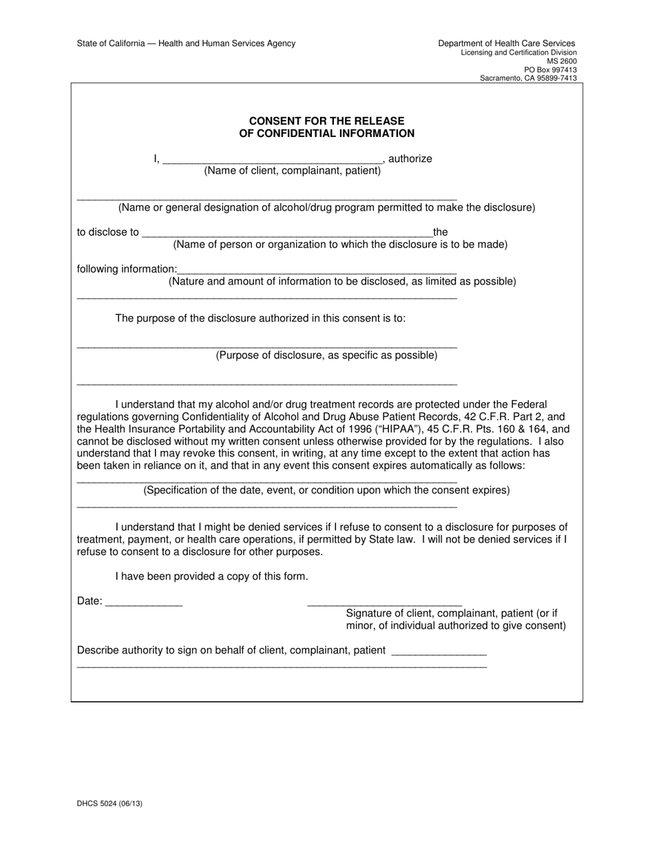 Form DHCS5024 Consent for the Release of Confidential Information - California, Page 1