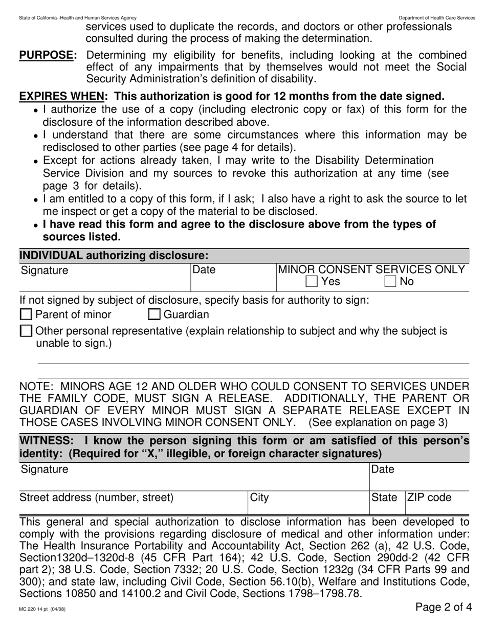 Form MC220 14PT Authorization for Release of Information (Large Print) - California, Page 2