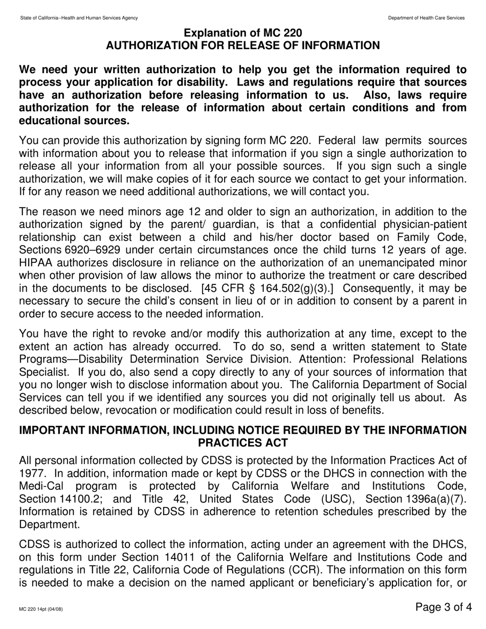 Form MC220 14PT Authorization for Release of Information (Large Print) - California, Page 3