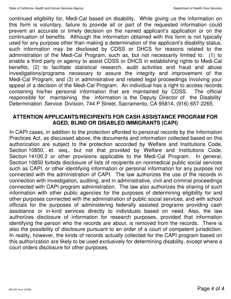 Form MC220 14PT Authorization for Release of Information (Large Print) - California, Page 4