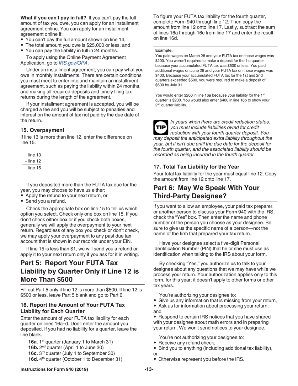 Instructions for IRS Form 940 Employers Annual Federal Unemployment (Futa) Tax Return, Page 13
