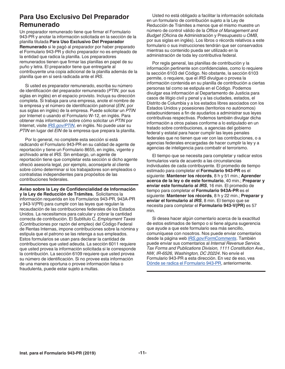 Instrucciones para IRS Formulario 943-PR Planilla Para La Declaracion Anual De La Contribucion Federal Del Patrono De Empleados Agricolas (Puerto Rican Spanish), Page 11