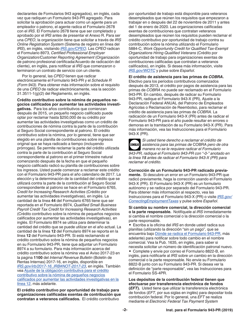 Instrucciones para IRS Formulario 943-PR Planilla Para La Declaracion Anual De La Contribucion Federal Del Patrono De Empleados Agricolas (Puerto Rican Spanish), Page 2
