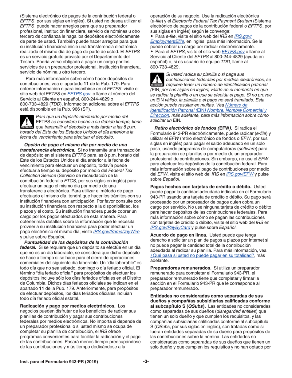 Instrucciones para IRS Formulario 943-PR Planilla Para La Declaracion Anual De La Contribucion Federal Del Patrono De Empleados Agricolas (Puerto Rican Spanish), Page 3