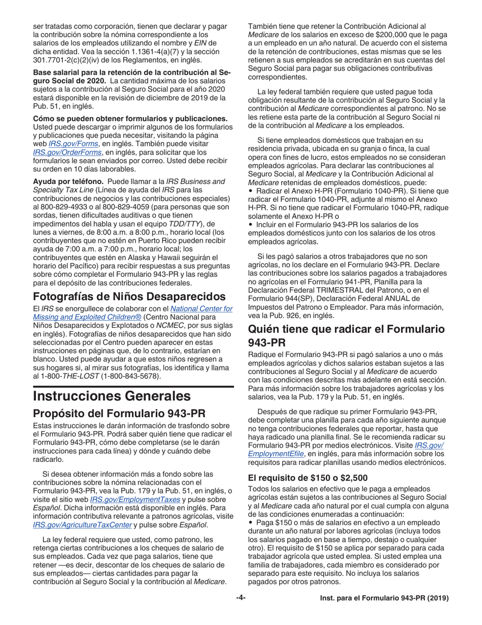Instrucciones para IRS Formulario 943-PR Planilla Para La Declaracion Anual De La Contribucion Federal Del Patrono De Empleados Agricolas (Puerto Rican Spanish), Page 4