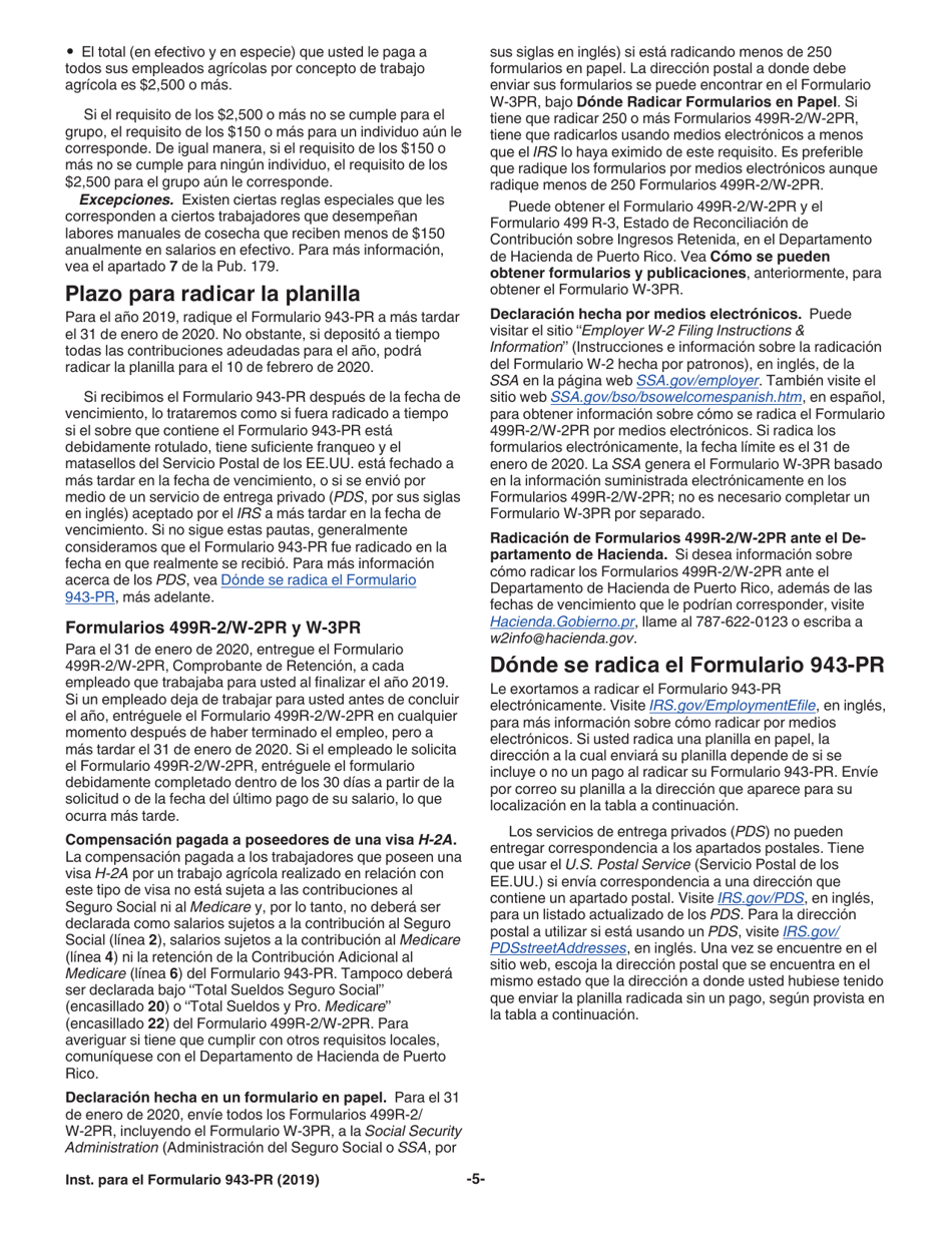Instrucciones para IRS Formulario 943-PR Planilla Para La Declaracion Anual De La Contribucion Federal Del Patrono De Empleados Agricolas (Puerto Rican Spanish), Page 5