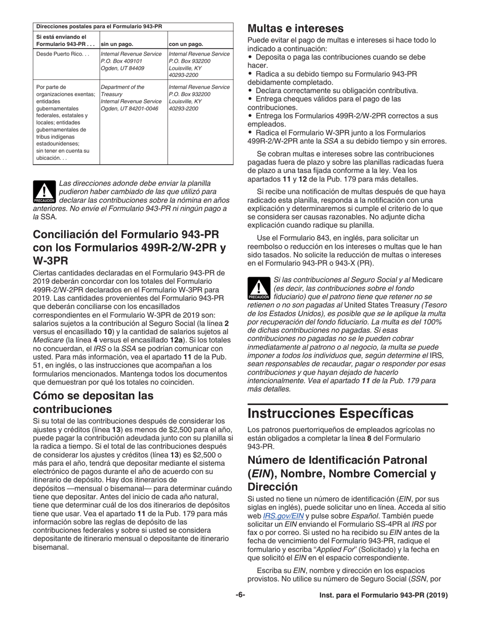 Instrucciones para IRS Formulario 943-PR Planilla Para La Declaracion Anual De La Contribucion Federal Del Patrono De Empleados Agricolas (Puerto Rican Spanish), Page 6