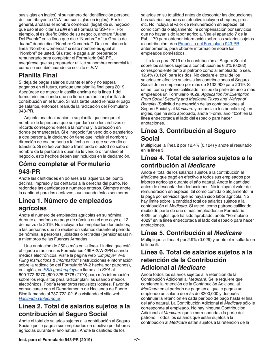Instrucciones para IRS Formulario 943-PR Planilla Para La Declaracion Anual De La Contribucion Federal Del Patrono De Empleados Agricolas (Puerto Rican Spanish), Page 7