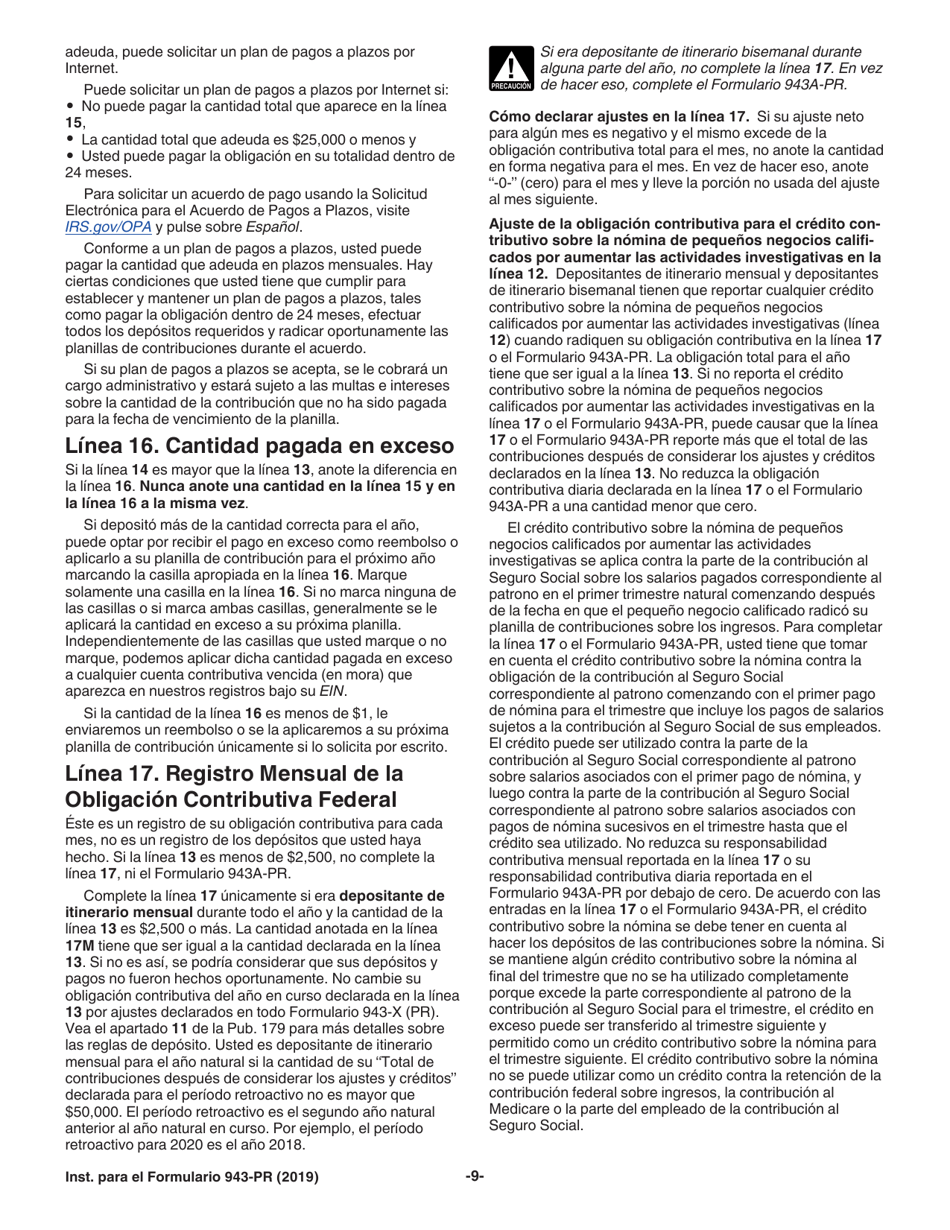 Instrucciones para IRS Formulario 943-PR Planilla Para La Declaracion Anual De La Contribucion Federal Del Patrono De Empleados Agricolas (Puerto Rican Spanish), Page 9