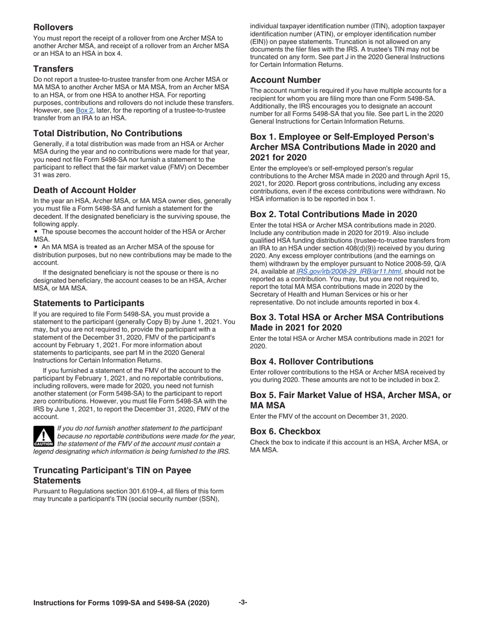Instructions for IRS Form 1099-SA, 5498-SA Distributions From an Hsa, Archer Msa, or Medicare Advantage Msa, and Hsa, Archer Msa, or Medicare Advantage Msa Information, Page 3