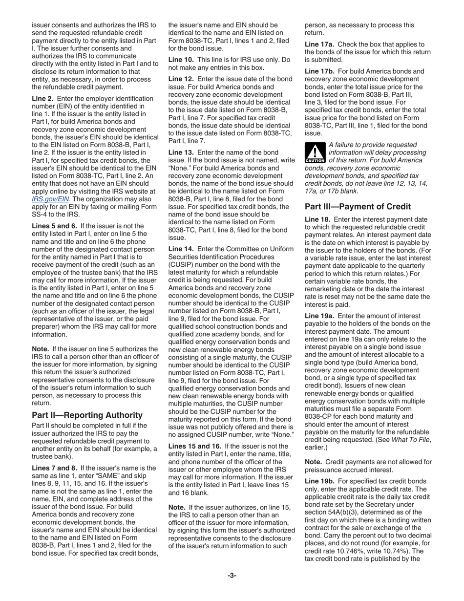 Instructions for IRS Form 8038-CP Return for Credit Payments to Issuers of Qualified Bonds, Page 3