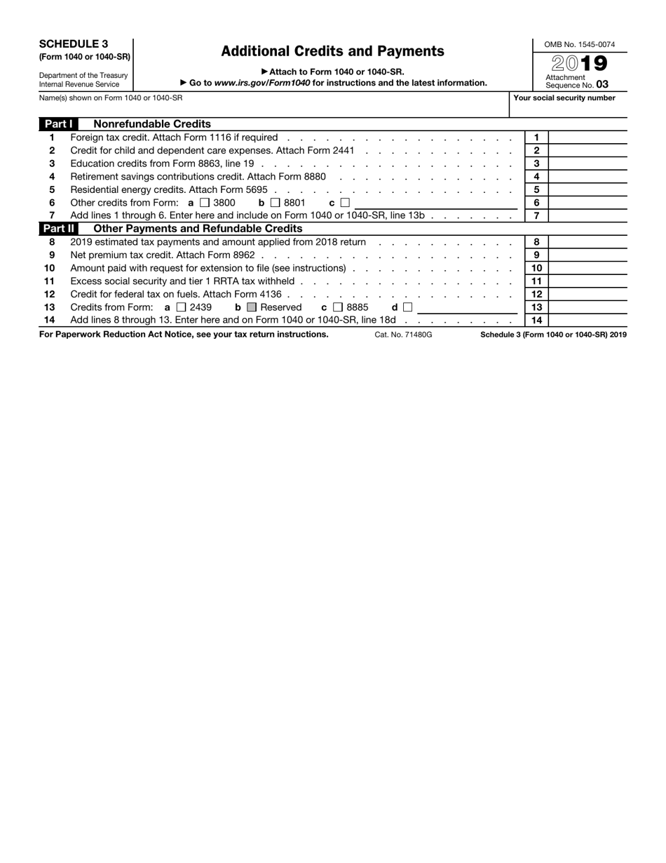 IRS Form 1040 (1040-SR) Schedule 3 Additional Credits and Payments, Page 1