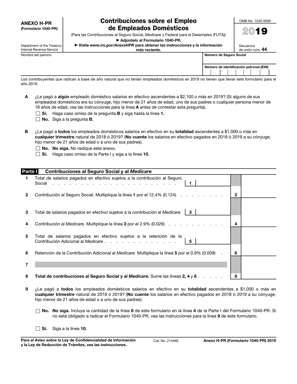 IRS Formulario 1040-PR Anexo H-PR Contribuciones Sobre El Empleo De Empleados Domesticos (Puerto Rican Spanish), Page 1