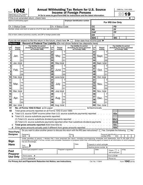IRS Form 1042 2019 Printable Pdf