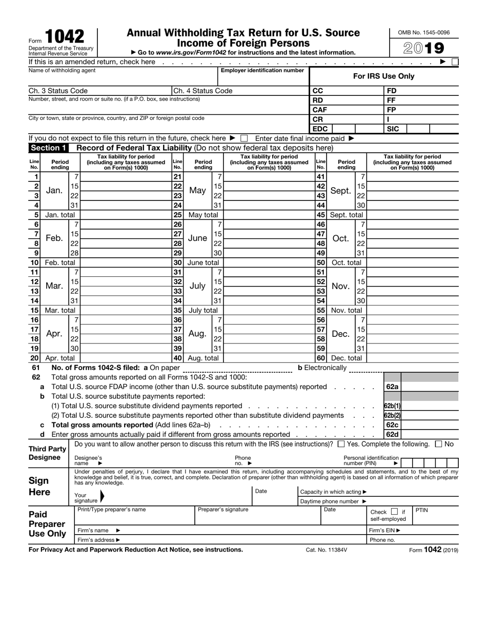 Irs Form 1042 2019 Fill Out Sign Online And Download Fillable Pdf Templateroller 1496