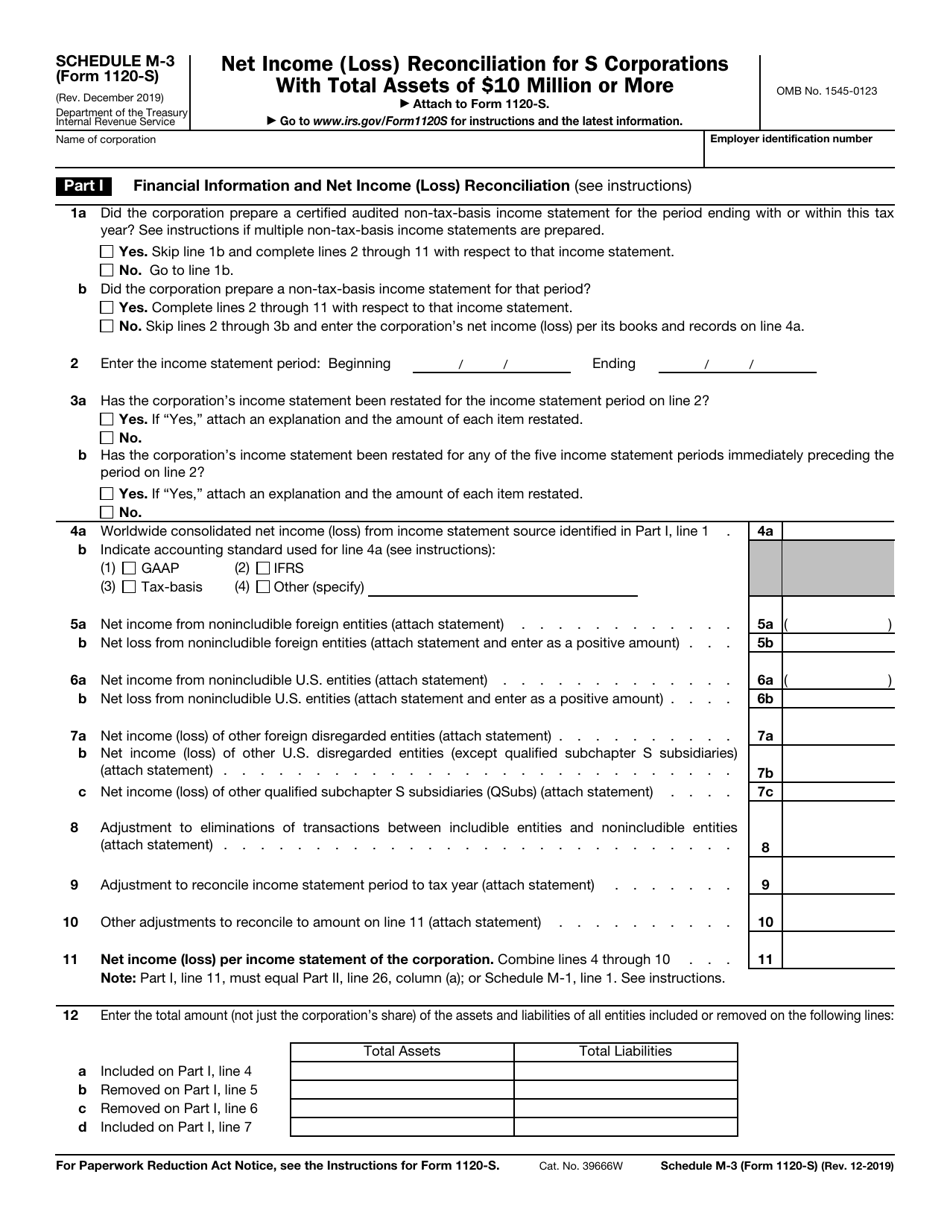 IRS Form 1120-S Schedule M-3 Net Income (Loss) Reconciliation for S Corporations With Total Assets of $10 Million or More, Page 1
