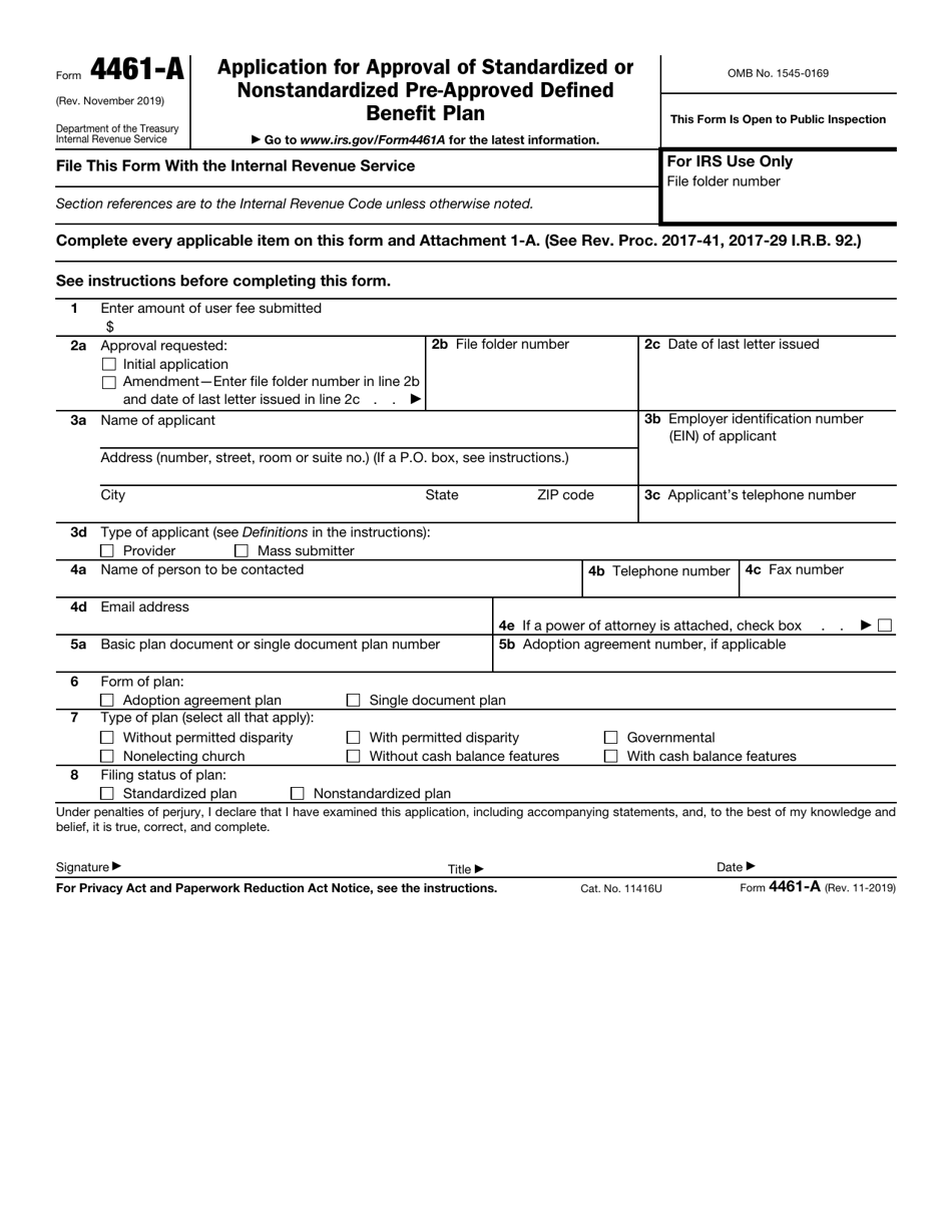 IRS Form 4461-A Application for Approval of Standardized or Nonstandardized Pre-approved Defined Benefit Plan, Page 1